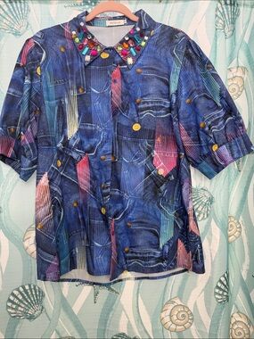 Embellished Collar Blue Graphic Button-Up Top